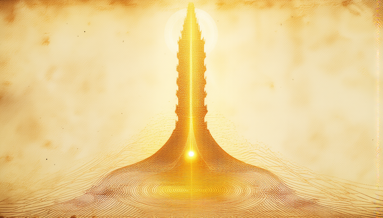 A tower built of scattered golden sound waves resolving into a single ray of light